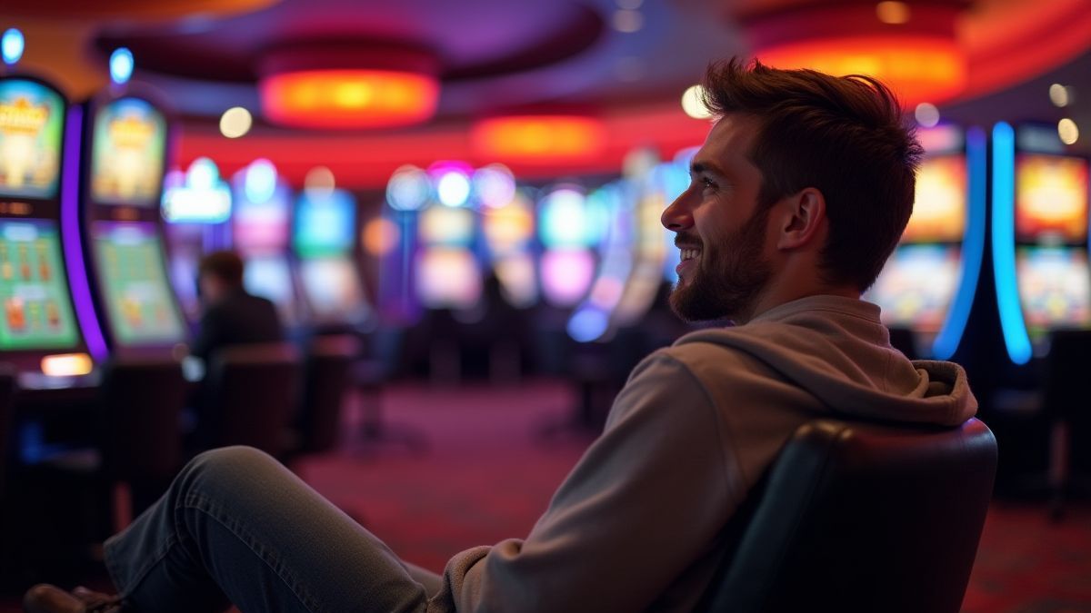 Casual speler ontspannen in een moderne casinokamer met heldere schermen.