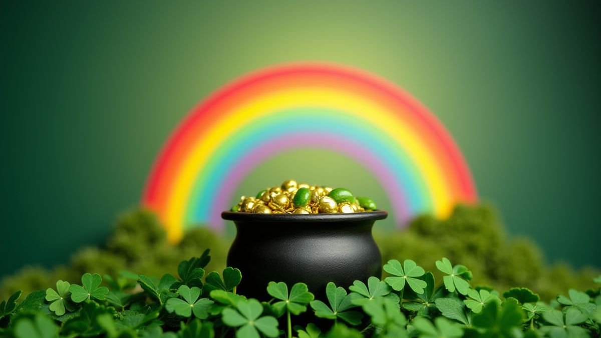 Arco iris irlandés sobre una olla de oro rodeada de tréboles.