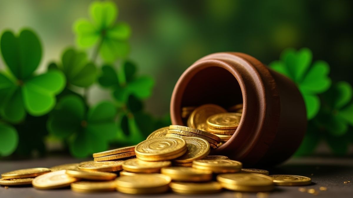 Monedas doradas saliendo de una olla con tréboles de fondo.