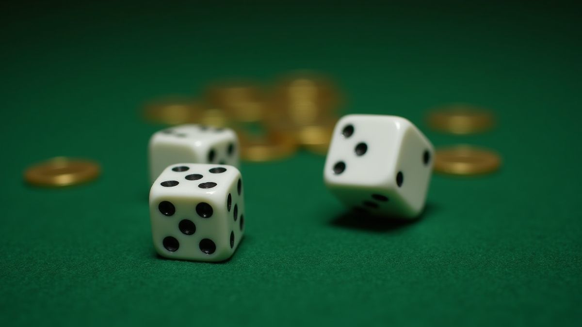 Dados rodando en una mesa verde de casino con monedas doradas dispersas.