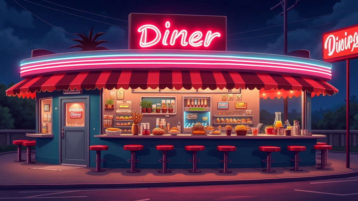 Diner americano retro com luzes de néon e comida clássica.