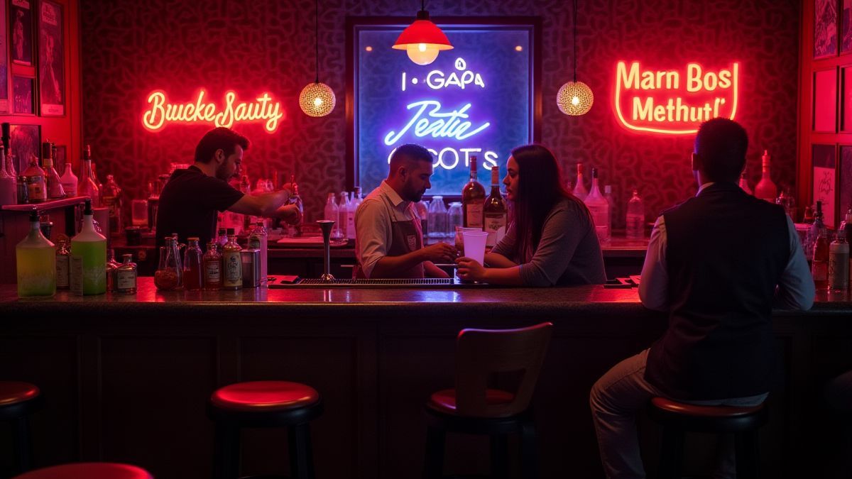 A speakeasy bar with neon lights and bartenders preparing cocktails.