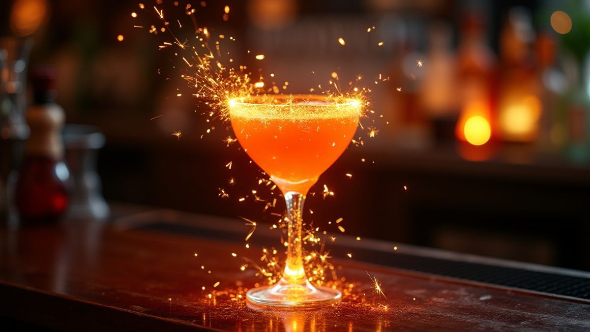 A glowing cocktail with sparks on a bar counter.