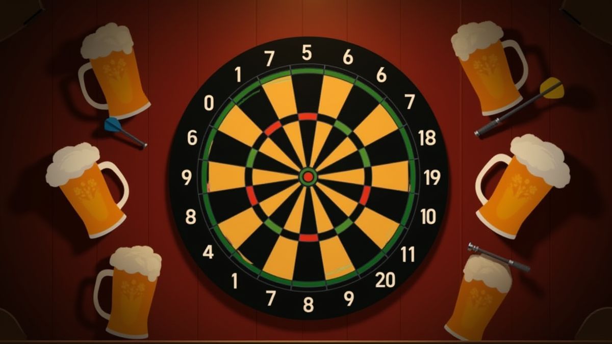 Eine Dartscheibe mit animierten Bieren in einer Bar.