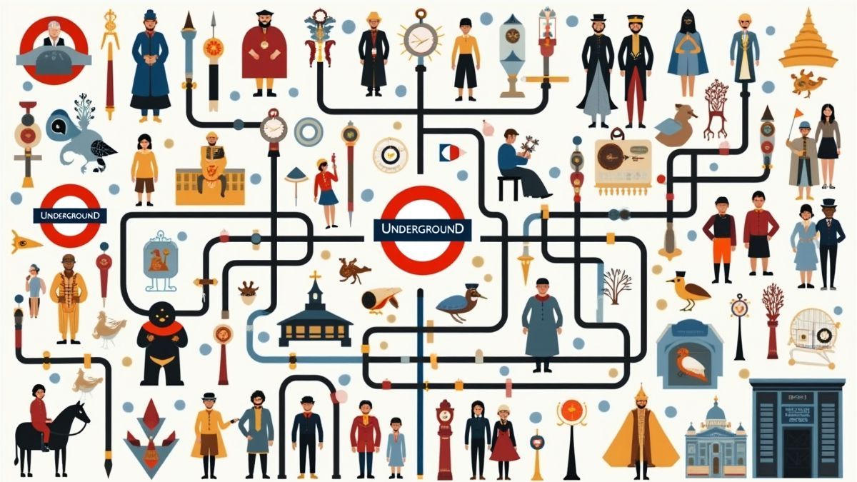 Une illustration animée du métro de Londres avec des personnages historiques.