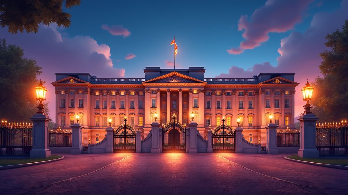 Une représentation animée du Palais de Buckingham avec des symboles brillants.