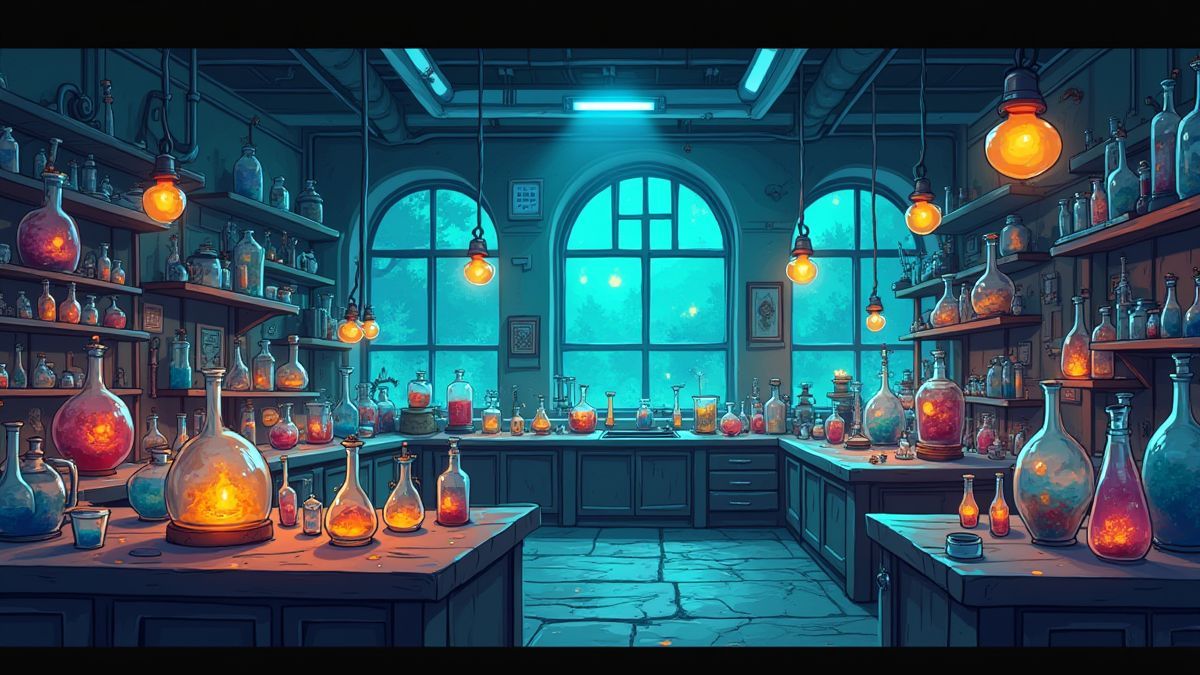 Laboratorio caricaturesco lleno de pociones burbujeantes y maquinaria resplandeciente.