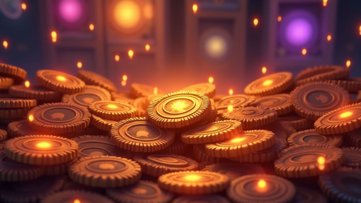 Monedas brillantes y engranajes en un entorno de slot animado.