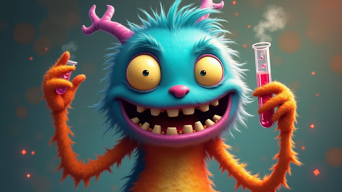Monstro colorido com um tubo de ensaio na mão, sorridente.