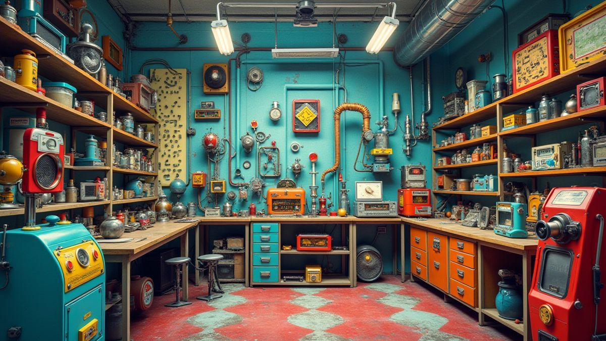 Laboratório colorido cheio de dispositivos e máquinas peculiares.