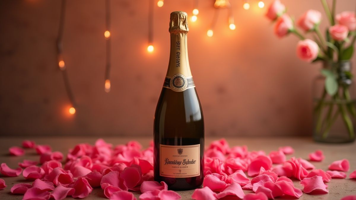 Botella de champán rodeada de pétalos de rosa.