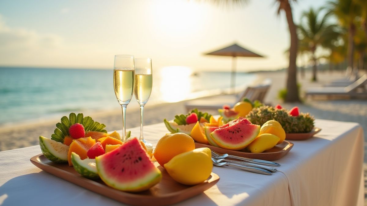 Mesa con frutas tropicales y champán en una playa romántica.