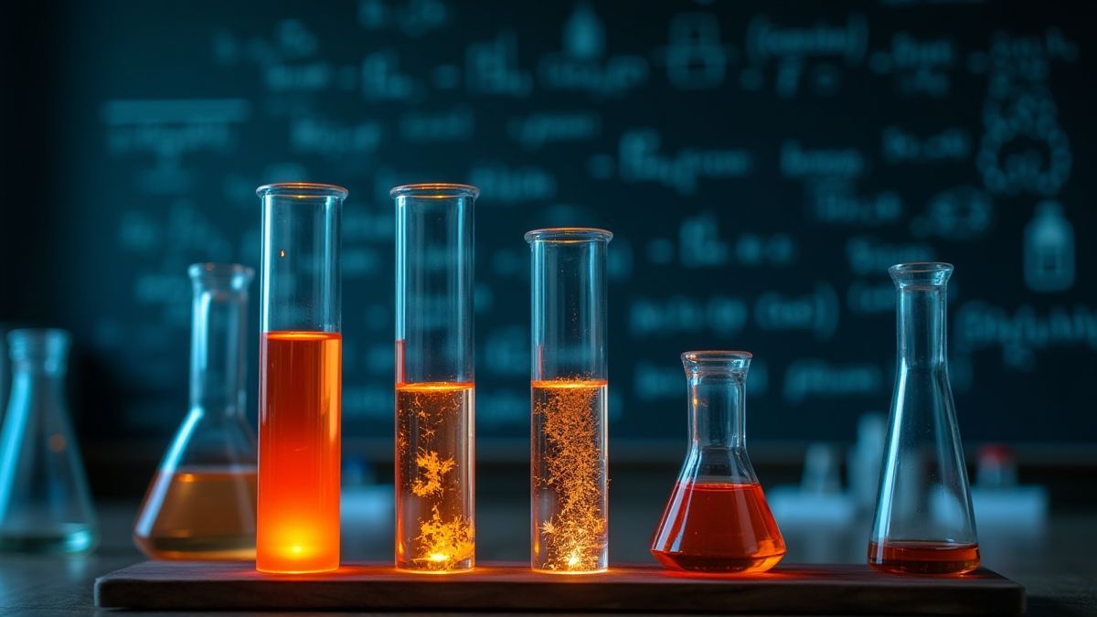 Laboratoire avec tubes de ensayo brillants et formules scientifiques.