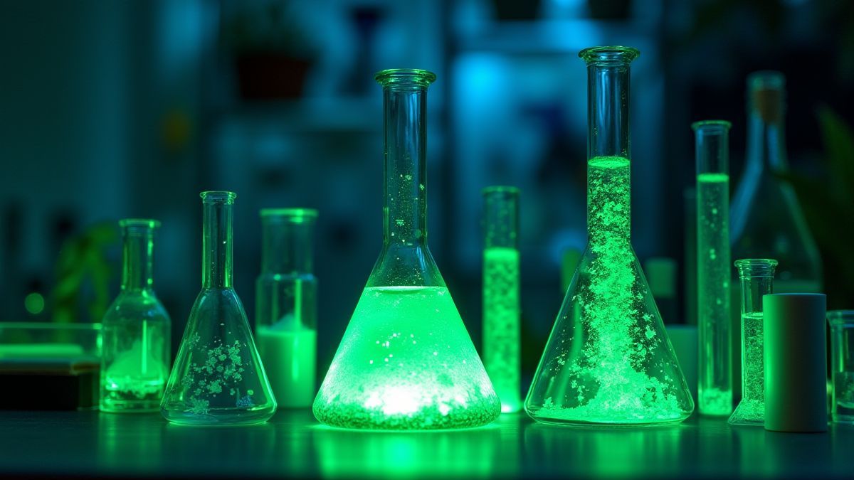 Laboratorio excéntrico con líquidos que brillan en verde y tubos de ensayo.