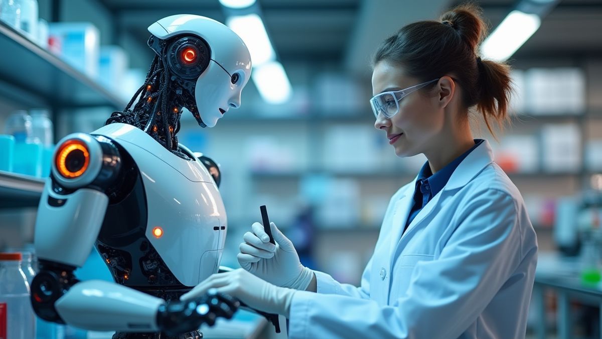 Robot y asistente trabajando en un laboratorio vibrante.