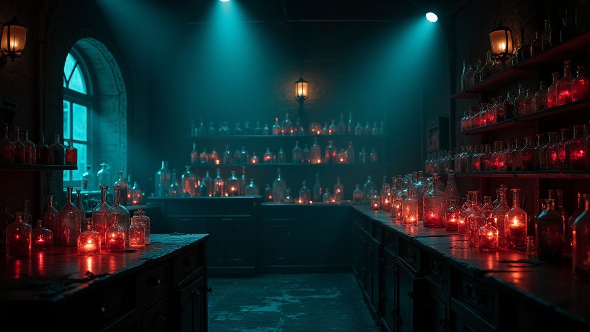 Laboratório vampírico escuro com frascos brilhantes.