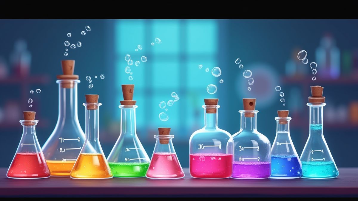 Colorful laboratory with potions and test tubes.