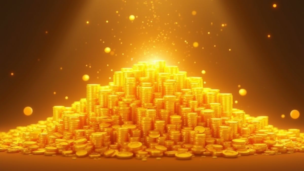 A pile of gold coins growing and sparkling.
