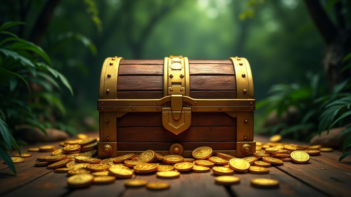 Um baú do tesouro cercado de moedas de ouro e folhagem da selva.