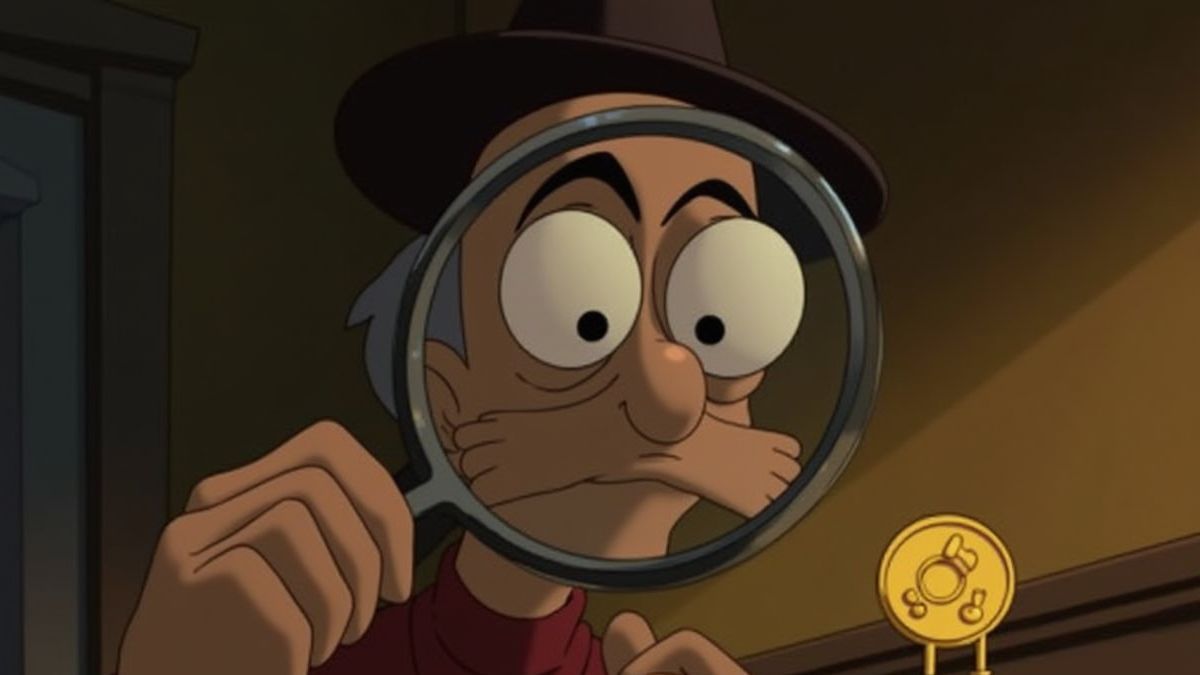 Dr. Magoo examinando uma moeda de ouro com uma lupa.