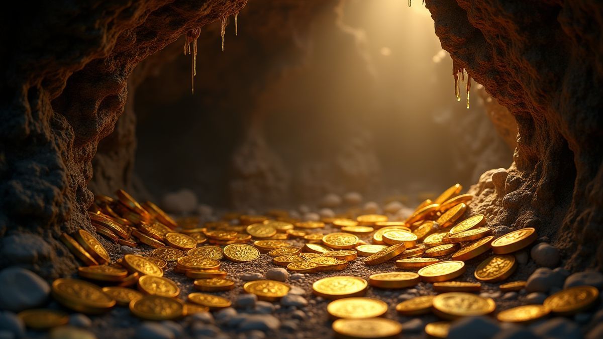 Montones de monedas y tesoros en una cueva mística
