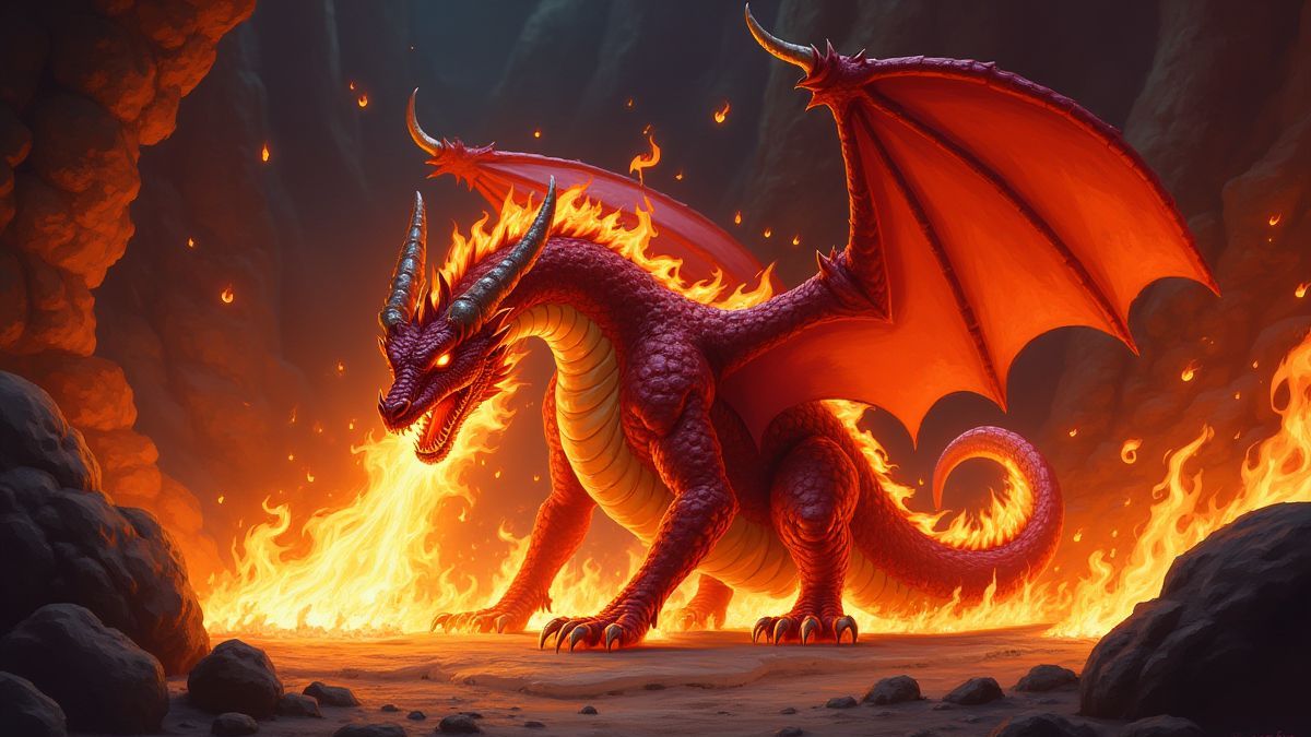 Un dragón escupe fuego en una caverna épica