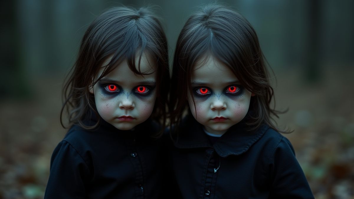 Gêmeos vampiros com roupas góticas e olhos brilhantes.