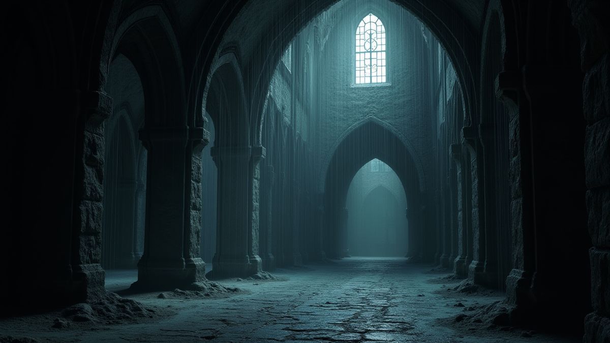 Interior de um castelo gótico com teias de aranha e luz tenue.