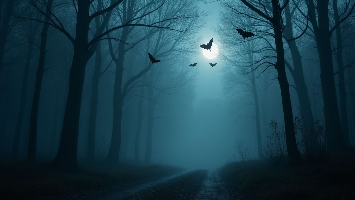 Foggy forest with bats flying.