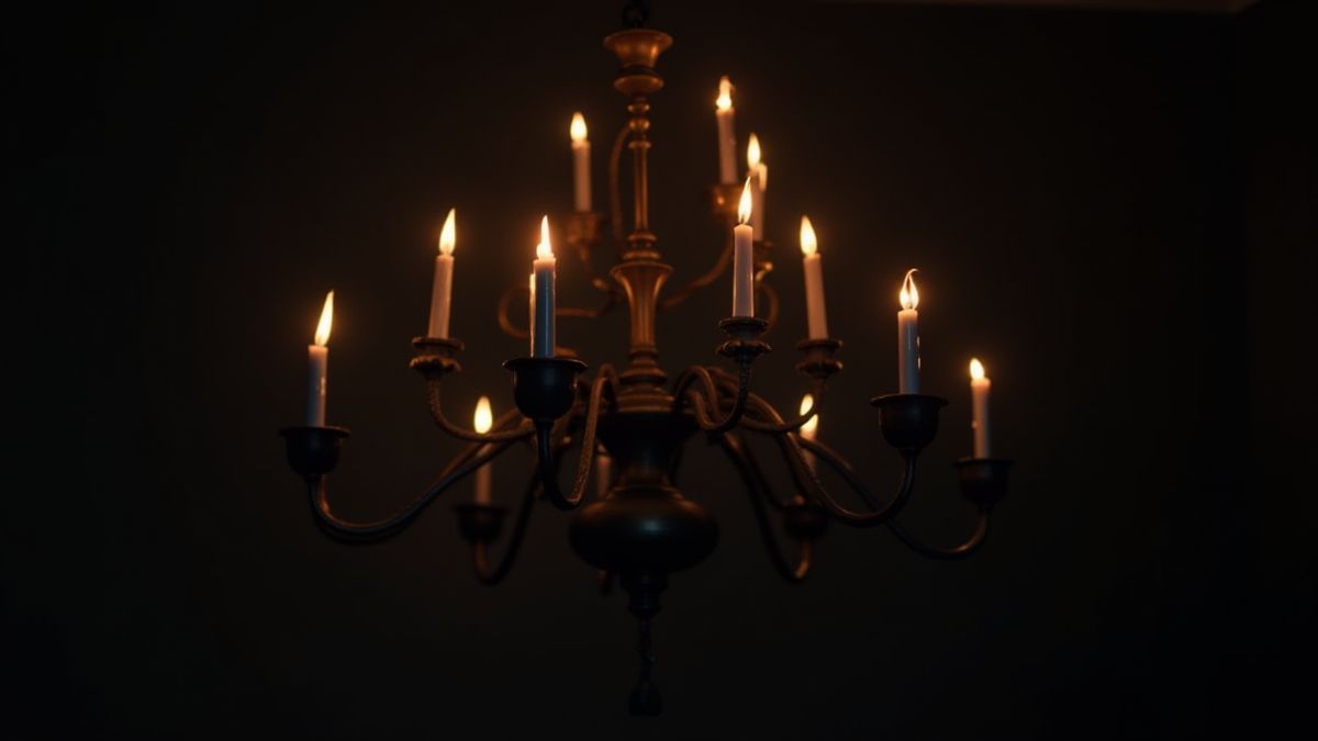 Gothic chandelier with flickering candles in a dark room.
