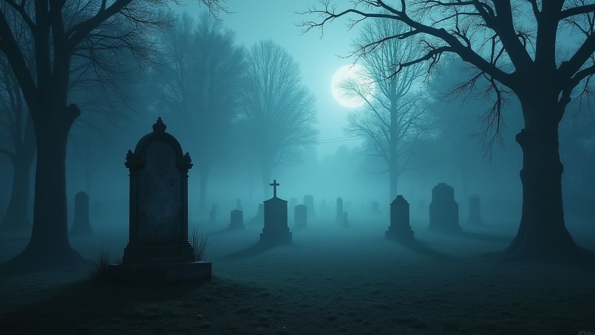 Spooky graveyard with fog and eerie lights.