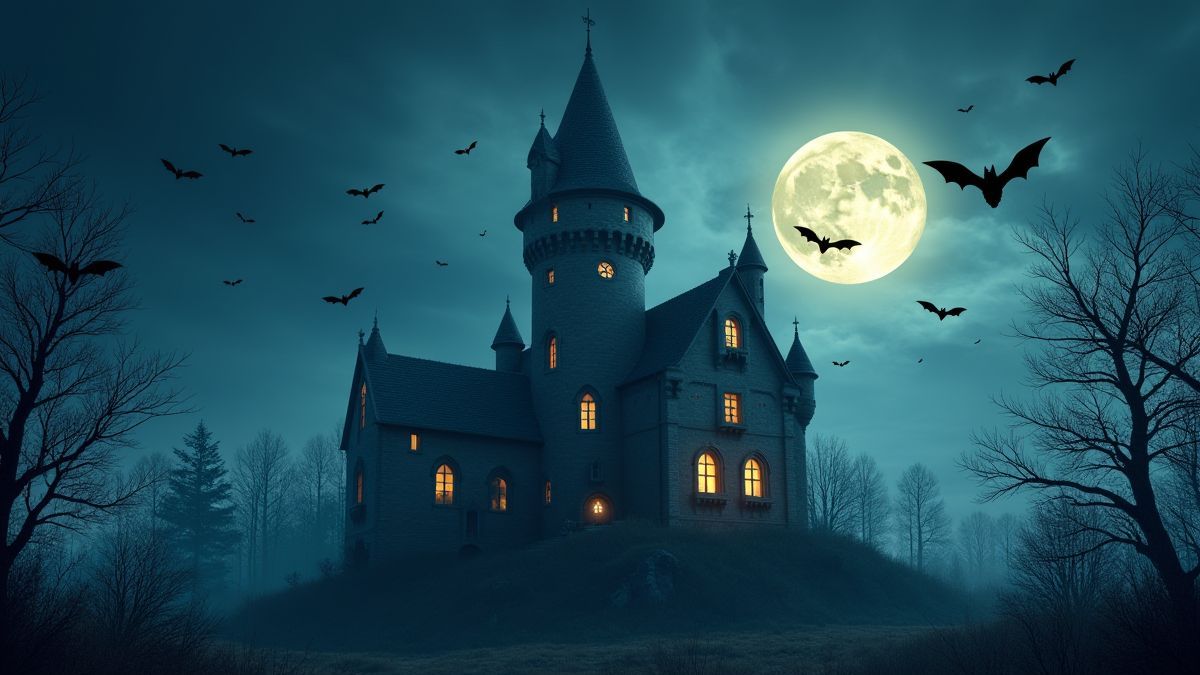 Gothic castle with bats under the full moon.