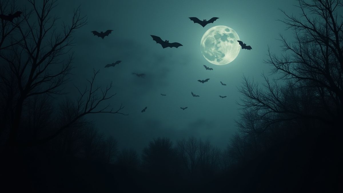 Cluster of bats flying over a dark forest.