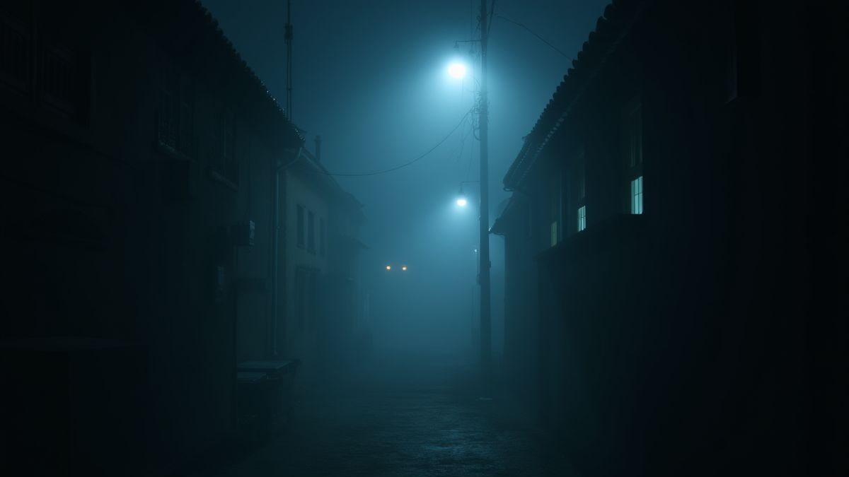 Dark alley with fog and glowing eyes peering from the shadows.