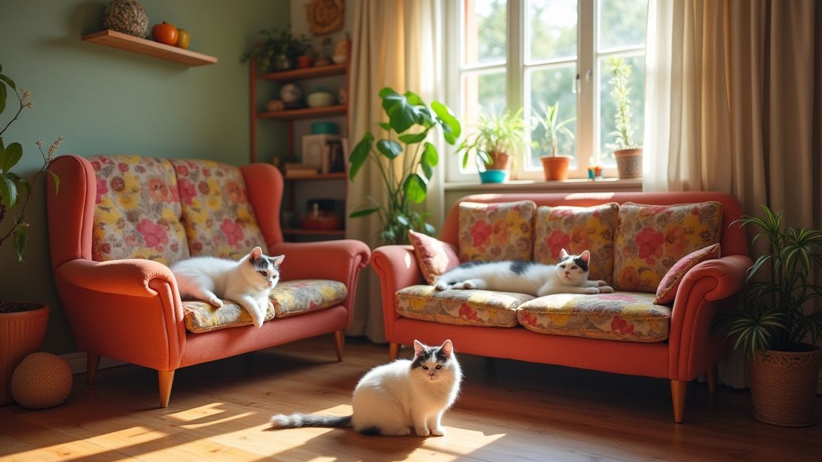 Living room with cats playing and resting on colorful furniture.