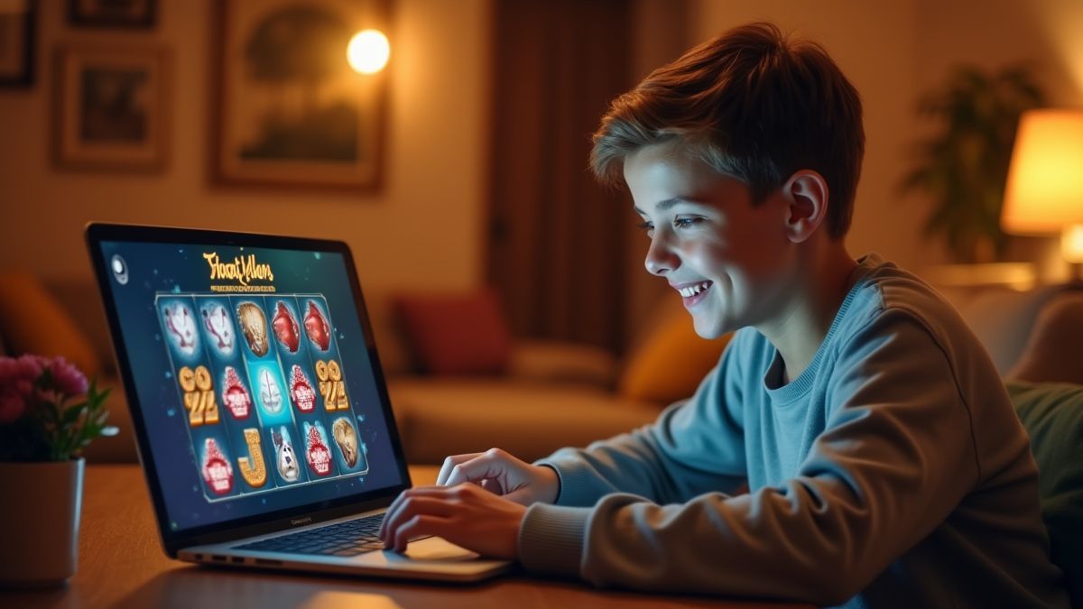 Beginner playing an online slot on a laptop.