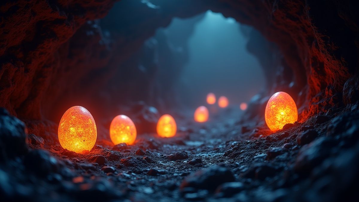 Leuchtende Drachen-Eier in einer magischen Höhle.