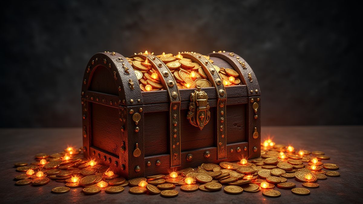 Un cofre del tesoro medieval rodeado de joyas brillantes y monedas de oro.