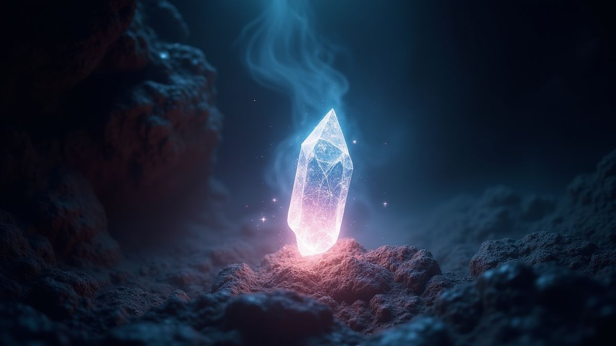Un cristal brillante rodeado de luz mística en una cueva oscura.