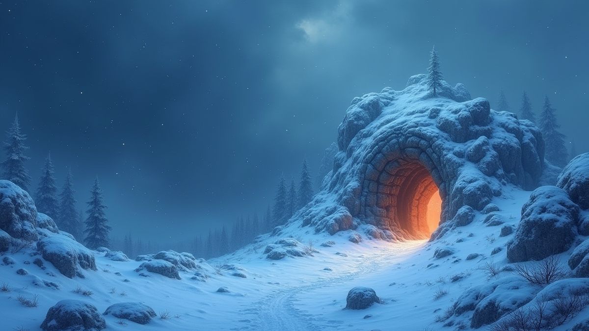 Eingang zu einer mystischen Höhle in einer verschneiten Landschaft mit leuchtenden Runen.