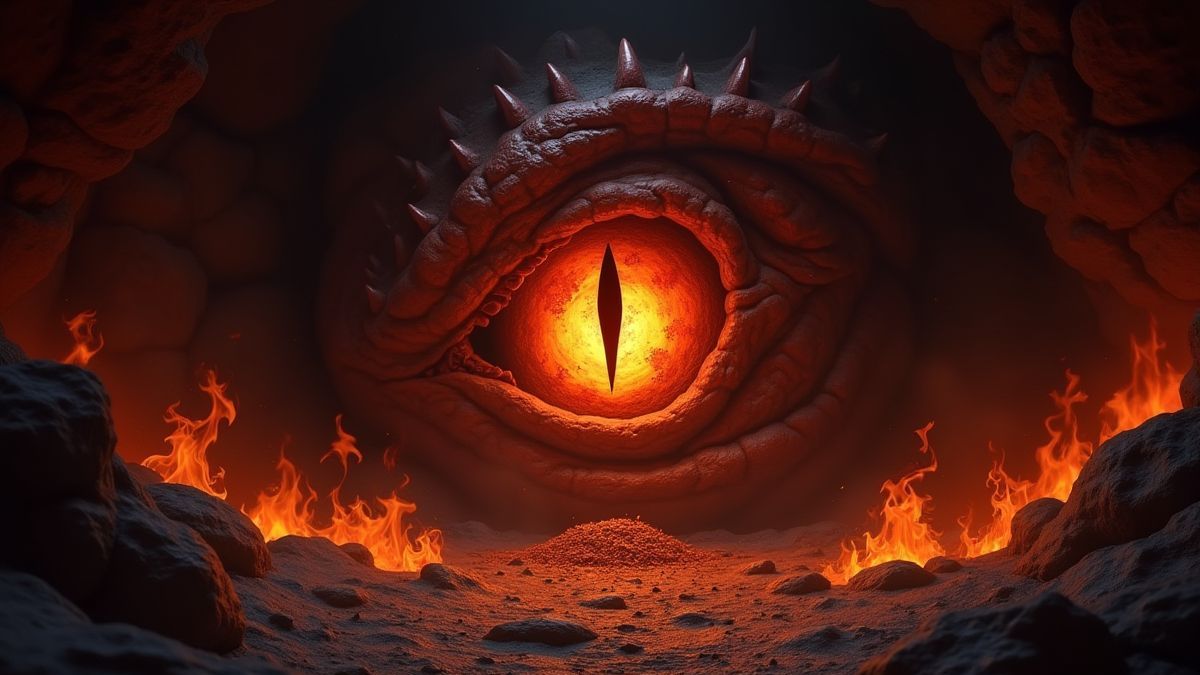 Ojo de dragón rodeado de llamas y tesoros en una cueva oscura.