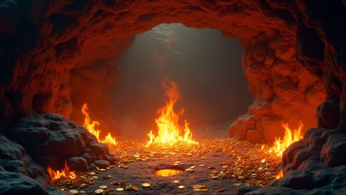 Cueva mística llena de fuego y monedas de oro.