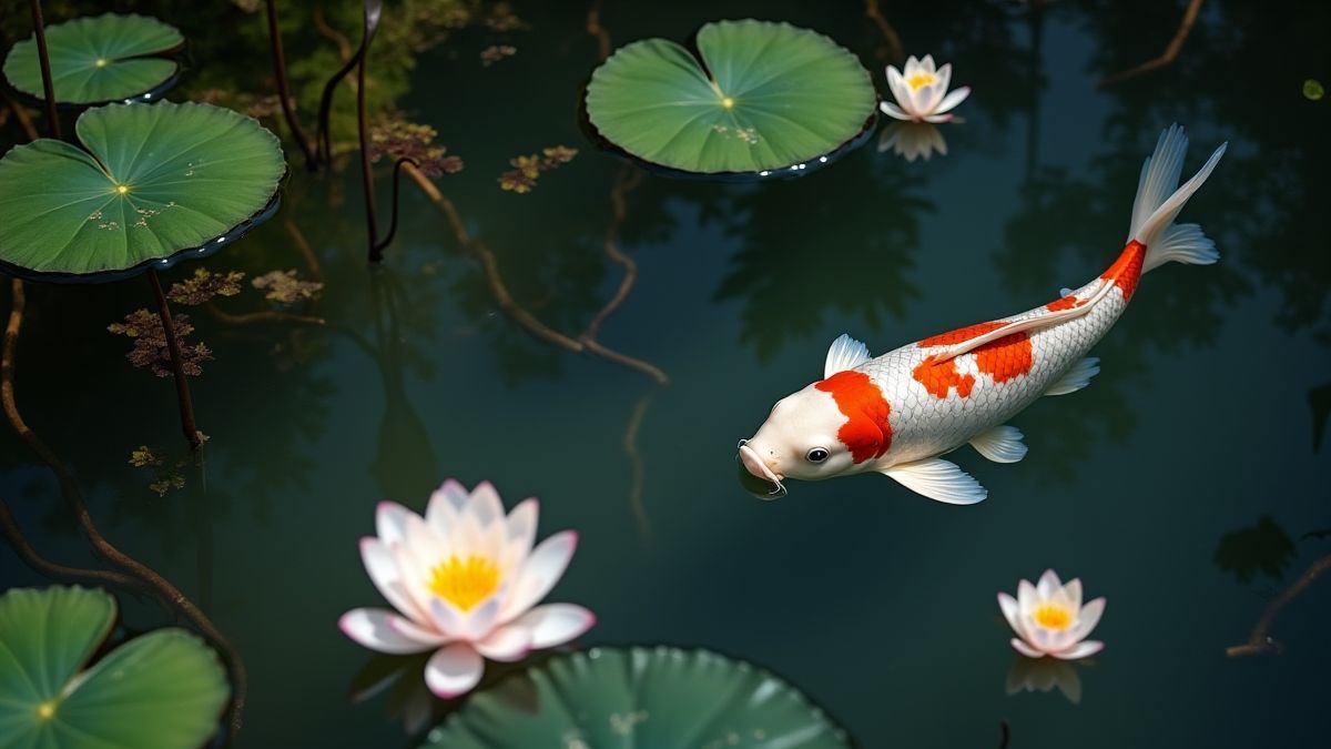 A Koi fish swimming in an Asian pond with lotus flowers.