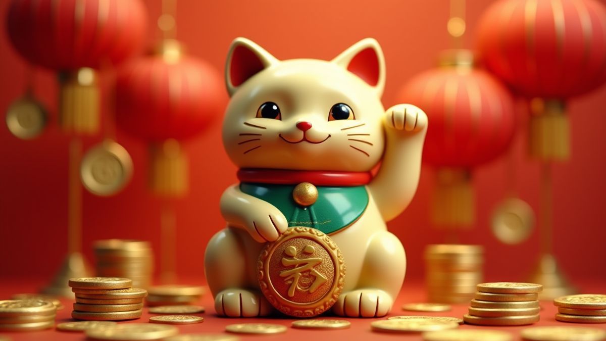 An Asian cat statue surrounded by gold coins and lanterns.