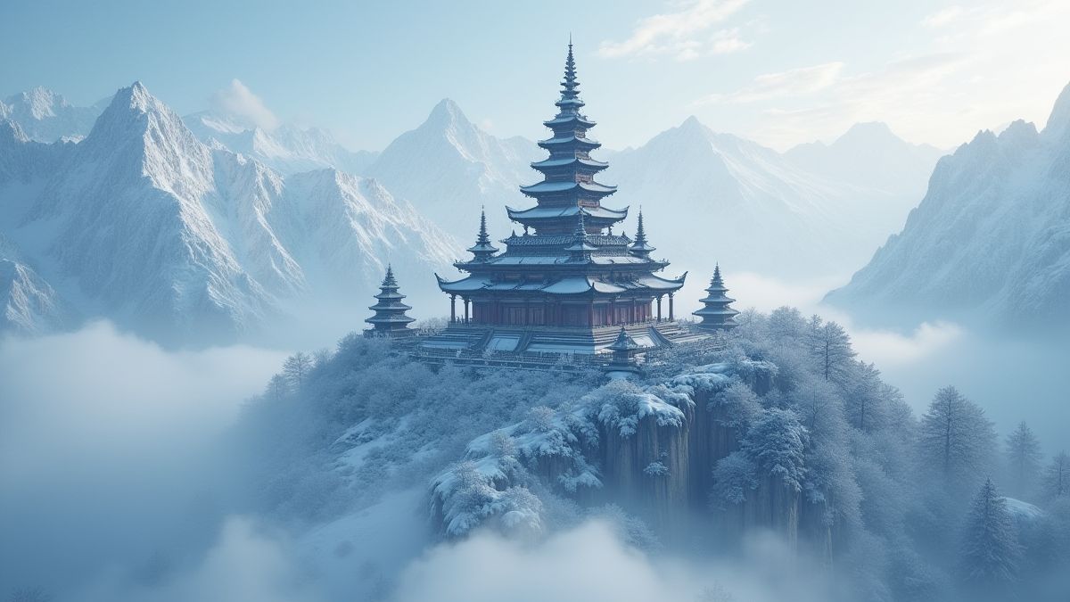 Templo oriental rodeado de montañas nevadas y nubes.