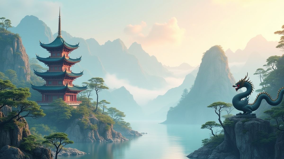 Paisaje montañoso oriental con pagoda y estatuas de dragones.