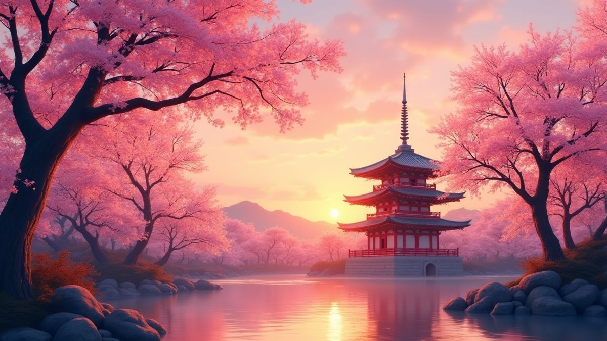 Templo asiático rodeado de flores de cerezo al atardecer.