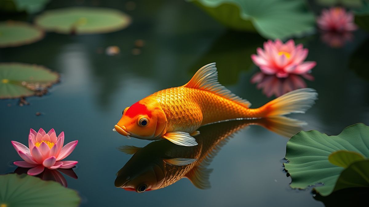 Pez koi dorado nadando en un estanque rodeado de flores de loto.