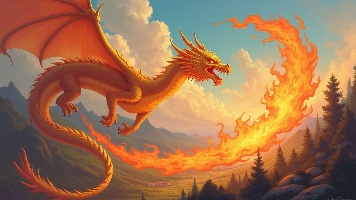 Dragón dorado escupiendo fuego en un paisaje fantástico.