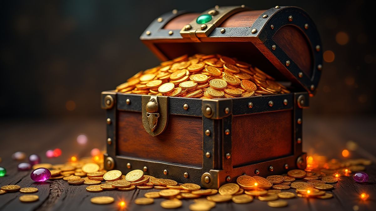 Medieval treasure chest filled with gold coins and glowing gems.